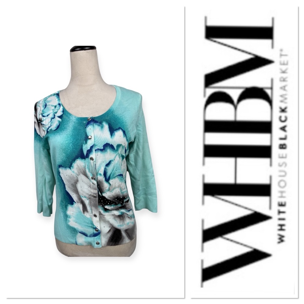 White House Black Market turquoise cardigan sweater floral print size small